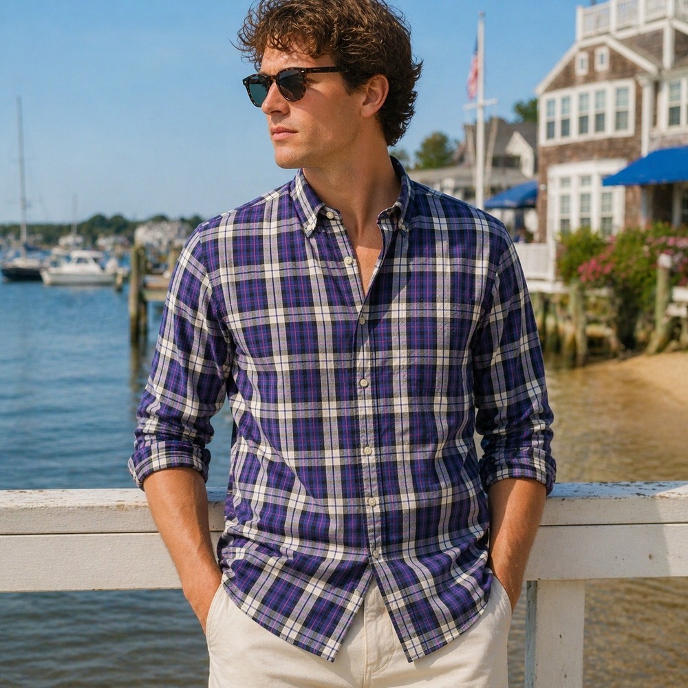 J.Crew Washed Casual Plaid Button Shirt Purple‎ Blue Cotton Men's Large Preppy